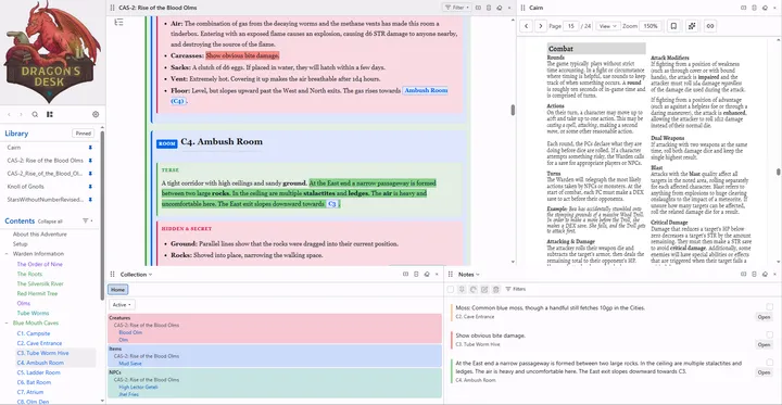 Dragon's Desk with four panes open: a GMX module with highlighted passages, the Cairn rules PDF, a Collection of creatures, items, and NPCs, and a Notes list of those highlights.