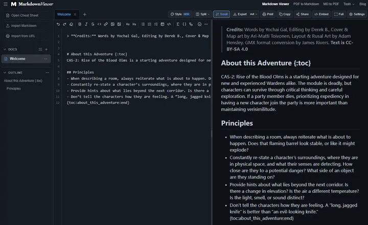 The same opening written as plain Markdown in an online Markdown viewer, with the source on the left and the rendered preview on the right.