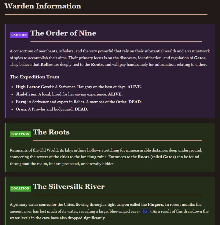 The Warden Information section as color-coded GMX blocks: a purple Faction block for The Order of Nine and green Location blocks for The Roots and The Silversilk River.