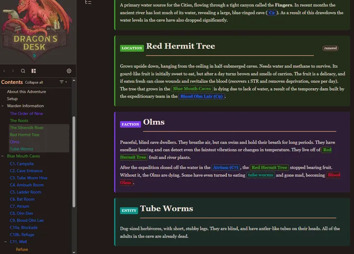 The table of contents nested by block, beside Location, Faction, and Entity blocks whose text links to other blocks, each link colored by block type.
