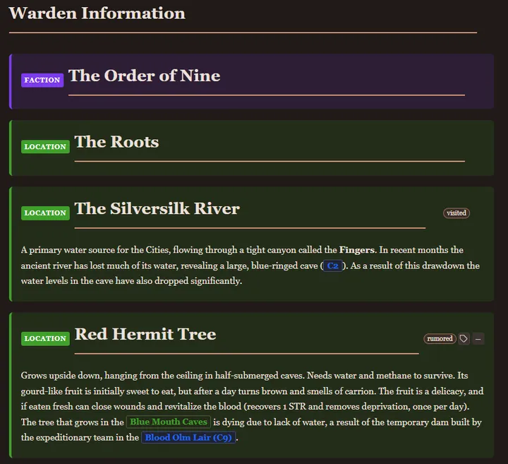 GMX blocks with The Order of Nine and The Roots collapsed to their headers, and "visited" and "rumored" tags on the blocks below.