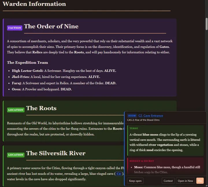 A hover preview of the linked room C2. Cave Entrance, showing its Terse and Hidden & Secret text with Keep open, Context, Open in New, and Pin buttons.