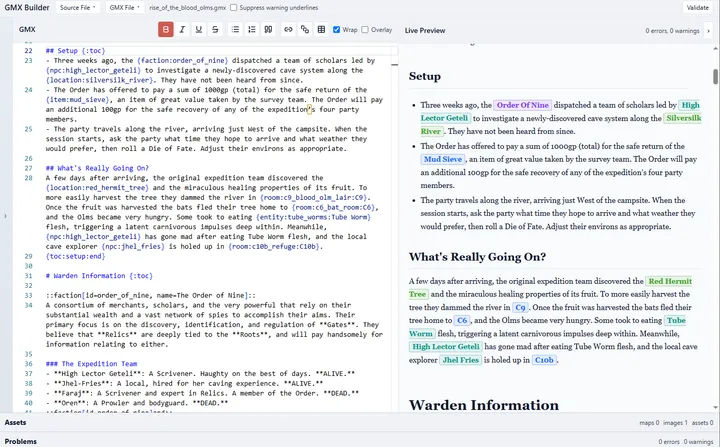 The GMX Builder helper app, with GMX source and its block and link markup on the left and a live rendered preview on the right.